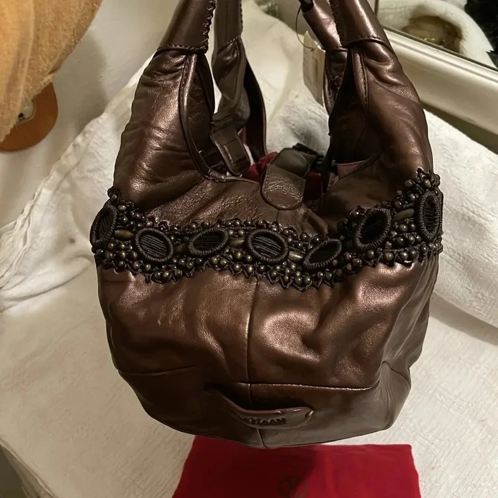 COLE HAAN- tiger eye metallic Alyssa bead bag - NWT